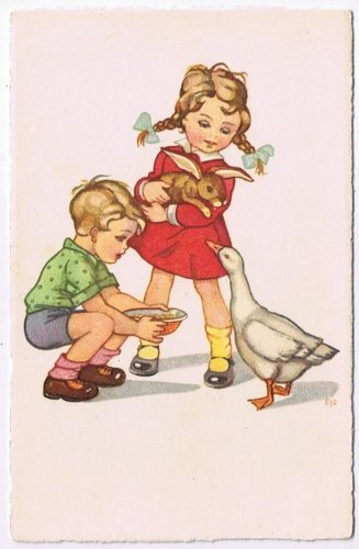 Art Deco EJO Postcard Children With Rabbit Feeding Goose Artist Signed