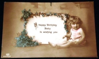 VINTAGE Sepia Postcard RPPC Birthday Child Color 1910s