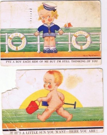 Two Vera Peterson Postcards Boy on Each Side A Little Sun