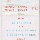 Matchbook Cover Hotel Sotavento Playa La Ropa Zihuatanejo Mexico