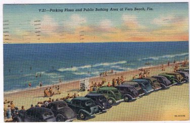 Postcard Parking Plaza & Public Bathing Area Vero Beach Florida Old Cars
