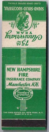 Matchbook Cover New Hampshire Fire Insurance Company 75th Anniversary Manchester