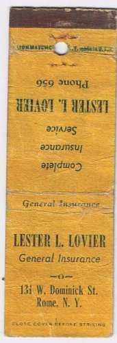 Matchbook Cover Lester L Lovier Insurance Rome New York