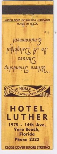 Matchbook Cover Hotel Luther Vero Beach Florida