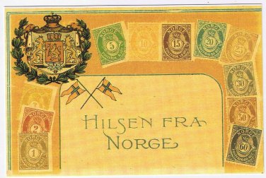 Postcard Greetings From Norway Old Norwegian Stamps