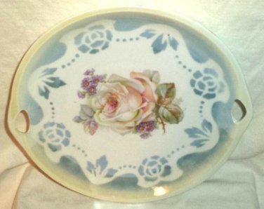 Three Crowns Double Handled Plate Blue Lustre Pink Roses 9 1/4" Germany