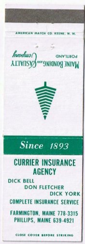Matchbook Cover Currier Insurance Agency Dick Bell Don Fletcher Dick York Maine