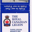 Ontario Matchbook Cover Paris Royal Canadian Legion Branch 29 Army Bus