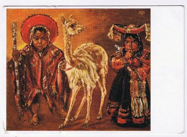 Postcard Kristian Krekovic Fabulous Peru Indian Children With Vicuna