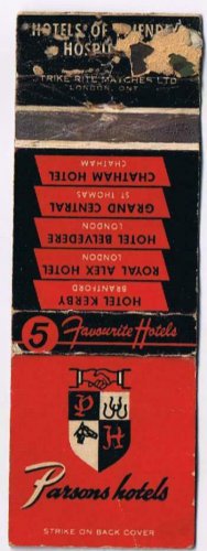 Matchbook Cover Parsons Hotels Kerby Royal Alex Belvedere Grand Central Chatham