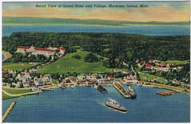 Postcard Aerial View Grand Hotel & Village Mackinac Island Michigan