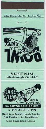 Matchbook Cover Lakeview Bowl Bowling Alley Peterborough Ontario