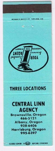 Matchbook Cover Central Linn Agency Insurance Brownsville Albany Harrisburg OR