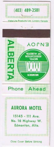 Matchbook Cover Aurora Motel North West Calgary Alberta