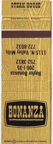 Matchbook Cover Bonanza Steak House Baylor College Waylor Texas