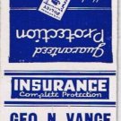 Matchbook Cover George N Vance Agency Insurance Ionia Michigan