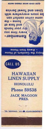 Matchbook Cover Hawaiian Linen Supply Honolulu Hawaii Jack Magoon