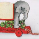Die Cut Christmas Card w/String Elephant On Wheels 3" x 2"