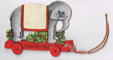 Die Cut Christmas Card w/String Elephant On Wheels 3" x 2"