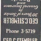 Matchbook Cover George C Stembler General Insurance & Bonds Miami Florida