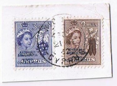 Cyprus QE II Stamps (2) Overprint Republic 2 mils and 3 mils Used VG On Paper