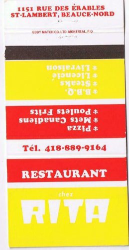 Matchbook Cover Restaurant Rita Beauce-Nord Quebec