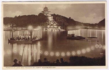 UK Postcard Scarborough Peasholm Lake & Pagoda By Night RPPC