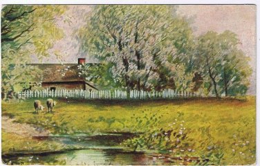 Art Postcard Orchard In Bloom House Sheep