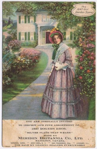 Postcard Advertising Meriden Britannia Hamilton Ontario 1847 Girl Garden Scene