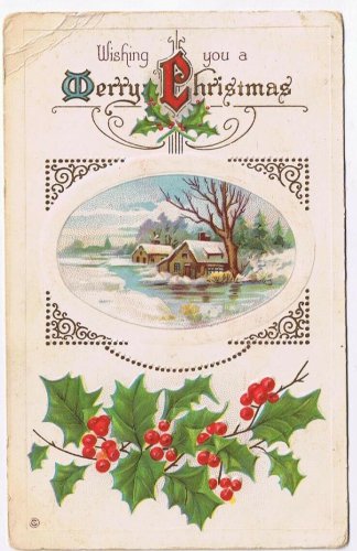 Christmas Postcard Mistletoe Home Snow River Scene Embossed Postmark 1916
