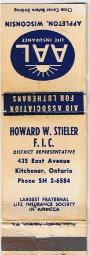 Matchbook Cover Howard W Stieler Aid Association Lutherans Appleton Wisconsin