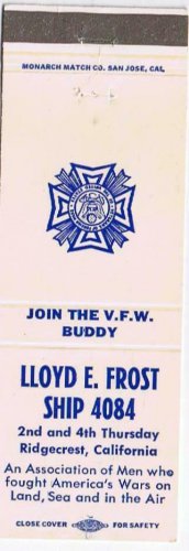 Military Matchbook Cover Ridgecrest CA Veterans Foreign Wars Canteen Ship 4084