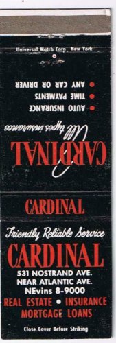Matchbook Cover Cardinal Insurance Brooklyn New York City
