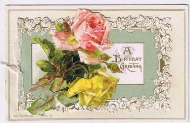 Greeting Postcard Birthday Fold Out Red Rose Embossed 1914