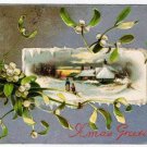 Christmas Postcard Village Scene White Berries Houses People Snow VINTAGE