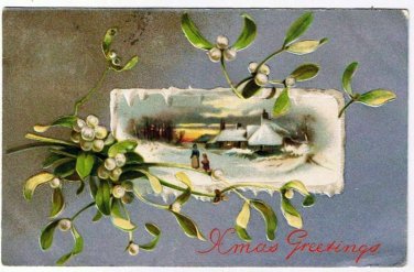 Christmas Postcard Village Scene White Berries Houses People Snow VINTAGE