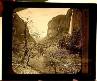 Magic Lantern Glass Slide Lauterbrunnen Valley & Waterfall Switzerland  1870s