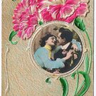 Greeting Postcard Carnations Silky Applique Courting Couple Embossed