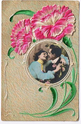 Greeting Postcard Carnations Silky Applique Courting Couple Embossed
