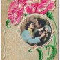 Greeting Postcard Carnations Silky Applique Courting Couple Embossed