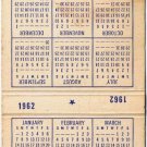 Matchbook Cover Calendar 1962
