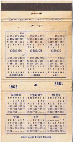 Matchbook Cover Calendar 1962