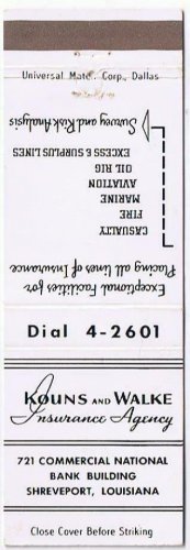 Matchbook Cover Kouns & Walke Insurance Agency Shreveport Louisiana