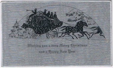 Christmas Silhouette Coach & Horses On Silver Plain Back