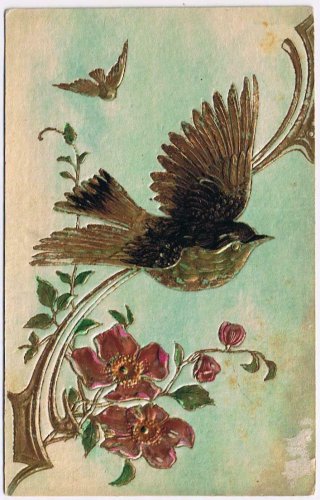 Greetings Postcard Embossed Poppies & Bird Gold Gilt