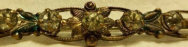 Metal Bar Pin Brass White Rhinestones Victorian Floral Green Design
