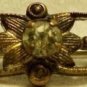 Metal Bar Pin Brass White Rhinestones Victorian Floral Green Design