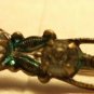 Metal Bar Pin Brass White Rhinestones Victorian Floral Green Design
