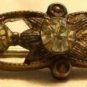 Metal Bar Pin Brass White Rhinestones Victorian Floral Green Design