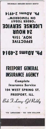 Matchbook Cover Freeport General Insurance Agency Bob Long Gil Rubly